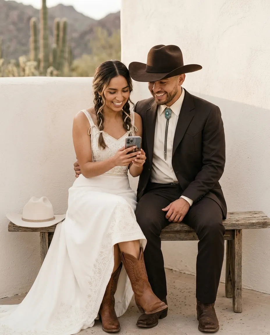 Fotografía de novios mirando su invitación de EsaFecha